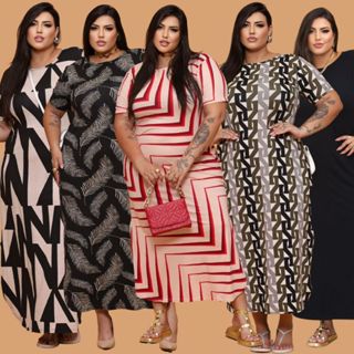 Vestido Longo Curve Curvy Plus size moda evangélica com fenda estampado e liso do 44 ao 58