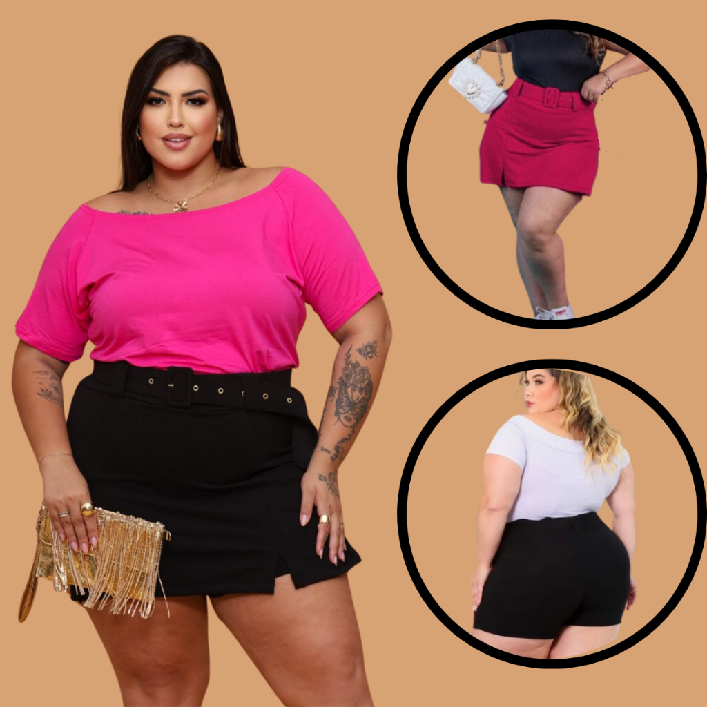 Shorts Saia Feminino Plus Size com cinto maravilhoso 44 Ao 54 - Women Clothes
