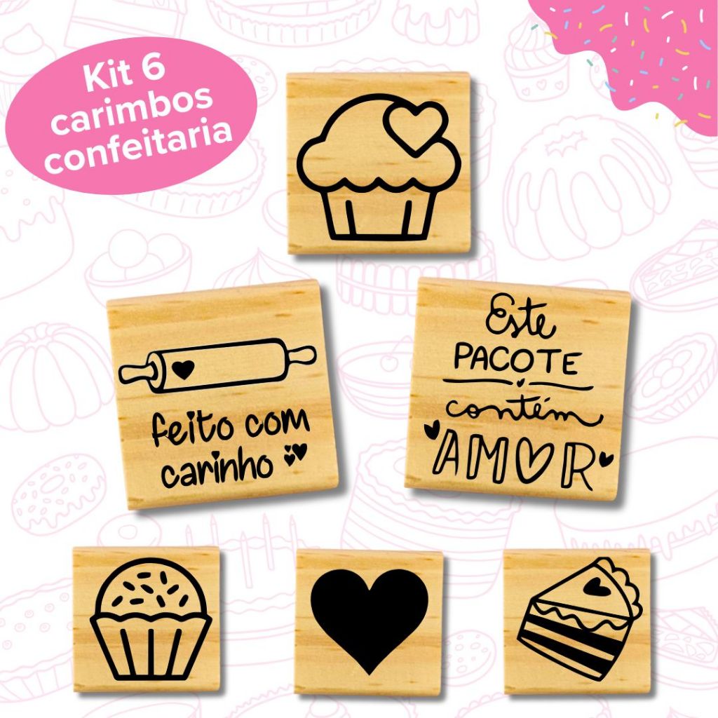 Kit Carimbos Confeitaria Doces Bolo Brigadeiro Cookies para Embalagens Tags caixas sacola kraft em Oferta na Shopee