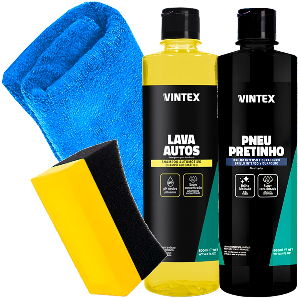 Kit Lava Autos Vintex 500ml Pretinho Pneu 500ml Aplicador Pretinho Karbox Toalha Microfibra