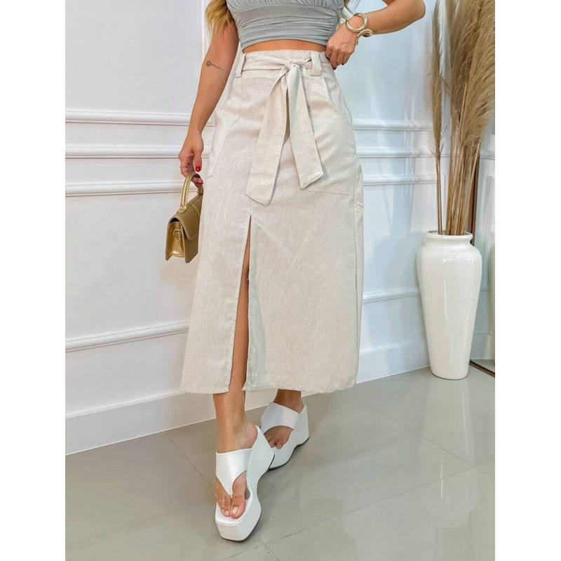 Saia Feminina Midi Linho Moda Evangélica Com Cinto no Material do Tecido Cintura Alta