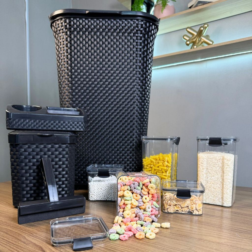 Kit Funcional para Organização e Limpeza: Cesto, Lixeira, Porta Detergente, Rodinho e Potes Herméticos