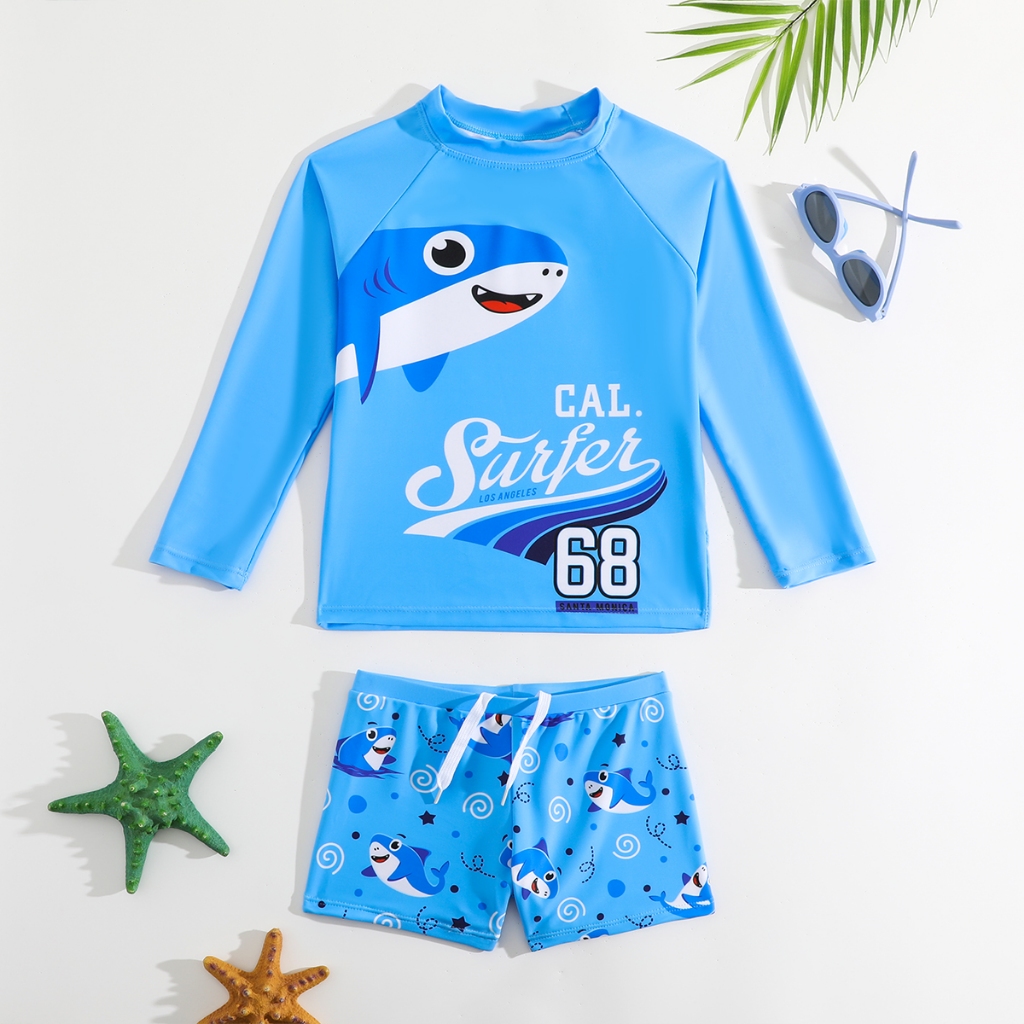 WD VEST Conjunto de Praia Infantil Masculino Camisa de Manga Longa e Short com Estampa de Tubarão - I3096