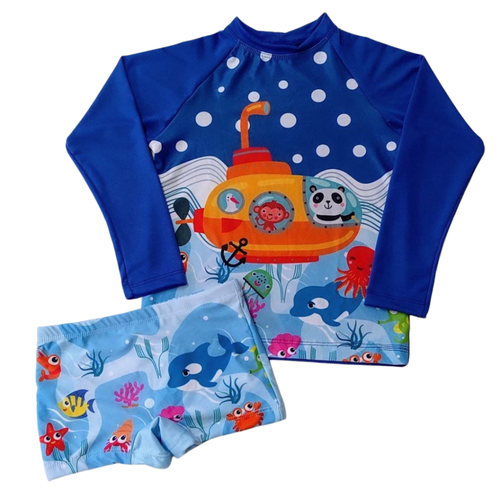 Conjunto Praia Infantil Masculino com Proteção Solar UV – Camisa UV + Sunga Moda Mar e Piscina em Oferta na Shopee