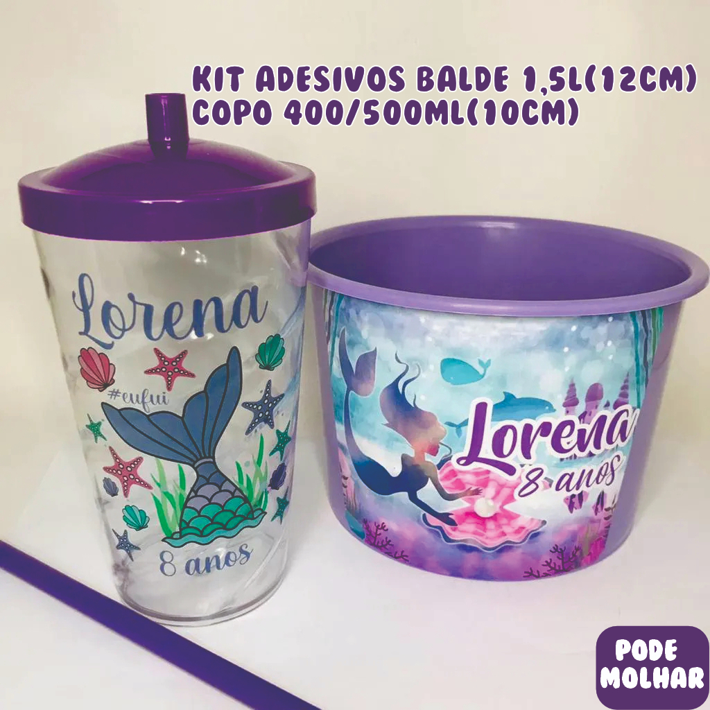 Kit Adesivos em Vinil Para Balde(praia/pipoca) 1,5L e Copo 400/500ml - Qualquer Tema (Pode Molhar)