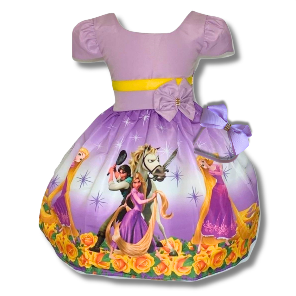 Vestido Temático Infantil Rapunzel Enrolados com Laço Ajustável Aniversário