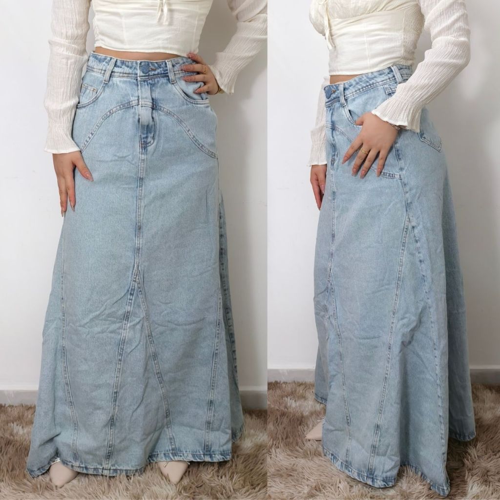 Saia Jeans Longa Feminino Moda Crista Evangélica Casual Cintura Alta Juvenil Com Bolso e Botão