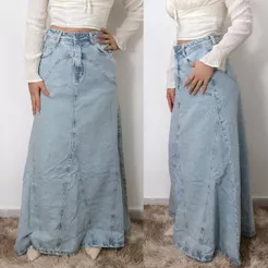 Saia Jeans Longa Feminino Moda Crista Evangélica Casual Cintura Alta Juvenil Com Bolso e Botão