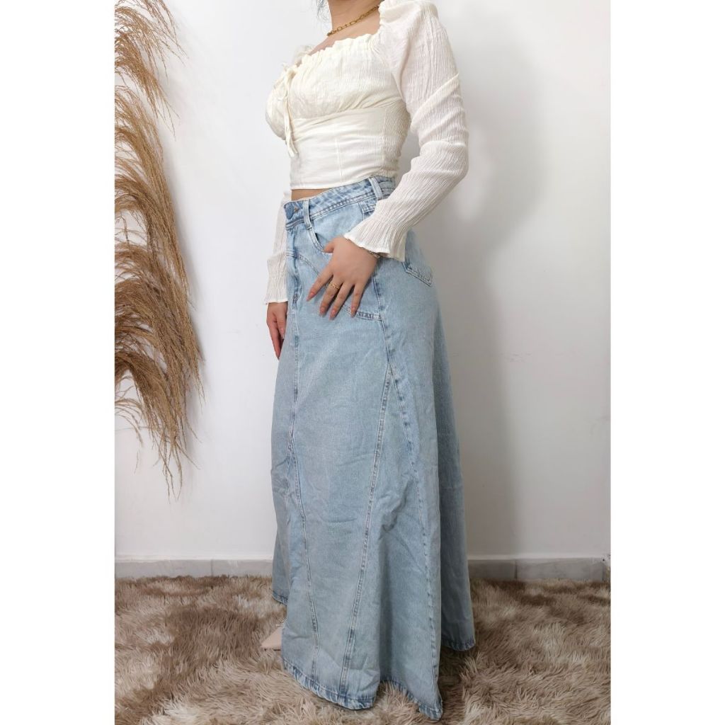 Saia Jeans Longa Feminino Moda Crista Evangélica Casual Cintura Alta Juvenil Com Bolso e Botão — imagem 2 de 2