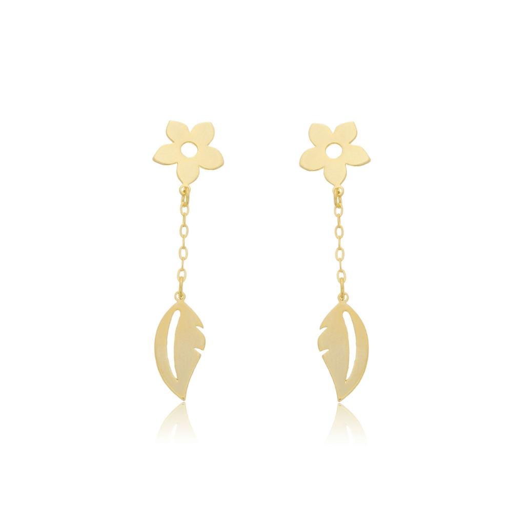 Brinco Feminino Flor E Folha Na Corrente Folheado A Ouro 18k