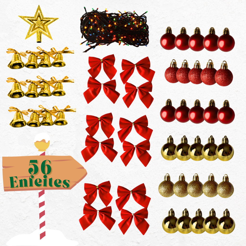 Kit Enfeites Premium Natalinos Árvore de Natal Decoração Natalina Bolinha Sino Estrela Laço e Pisca