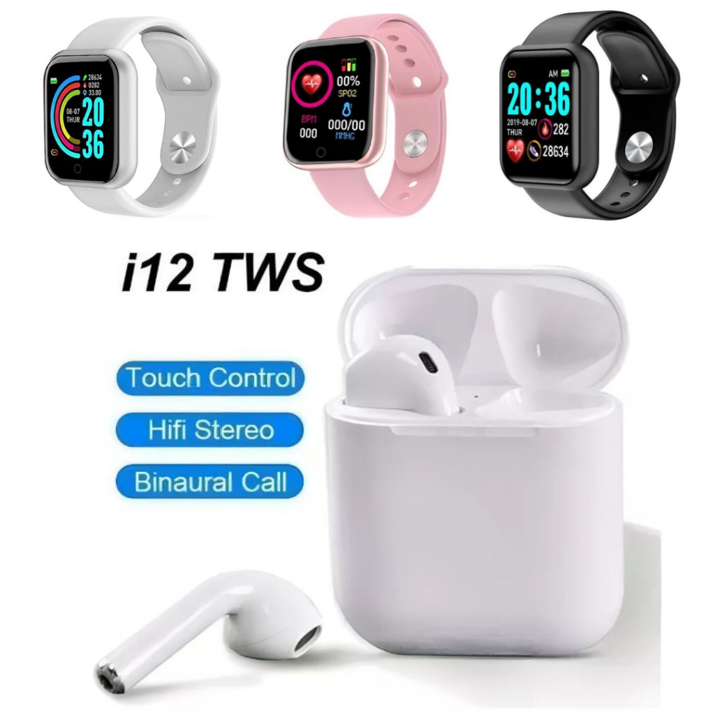Kit Relógio Smartwatch D20 Y68 + Fone Sem Fio I12 Tws Bluetooth