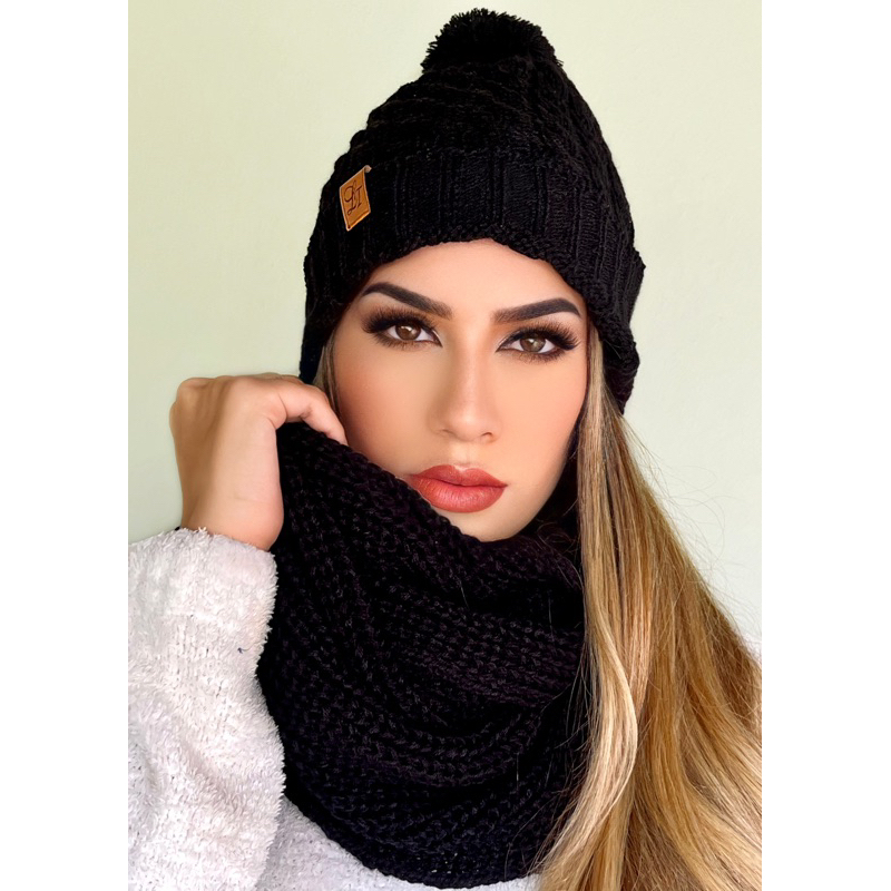 Conjunto Gorro Touca + Gola Cachecol Infinito Tricot Lã  Macio Tendência Inverno Moda POMPOM em Oferta na Shopee