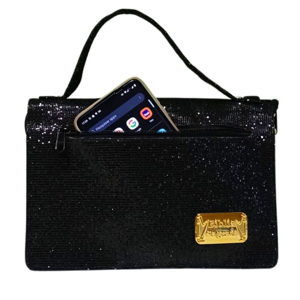 Bolsa Capa para Bíblila Feminina Média com Zíper Alça e Bolso Externo Porta Celular - Preta Glitter