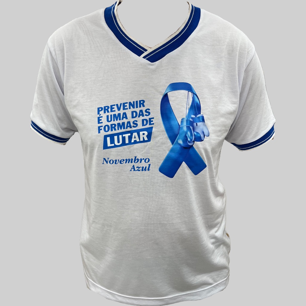 Camiseta Masculina Novembro Azul Malha Fria Branca Azul Gola V Estampada DTF