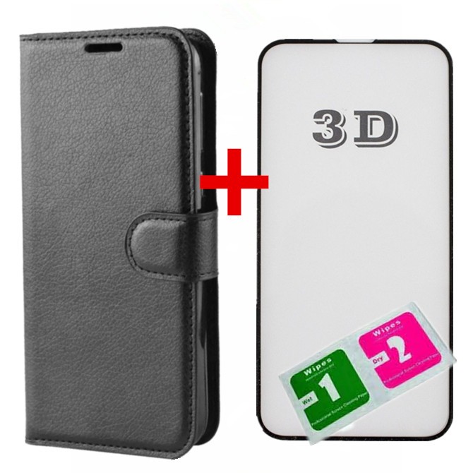 KIT Capa Capinha Carteira Flip + Película de vidro 3D Para Todos Modelos Samsung - Case Couro Flip / Cor-Preto