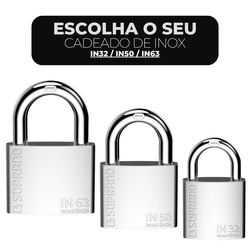 Cadeado Reforçado Aço Inox 32mm/50mm/63mm - Segurança Soprano Com 3 Chaves Cor Prata - In32 / In50 / In63 | Soprano