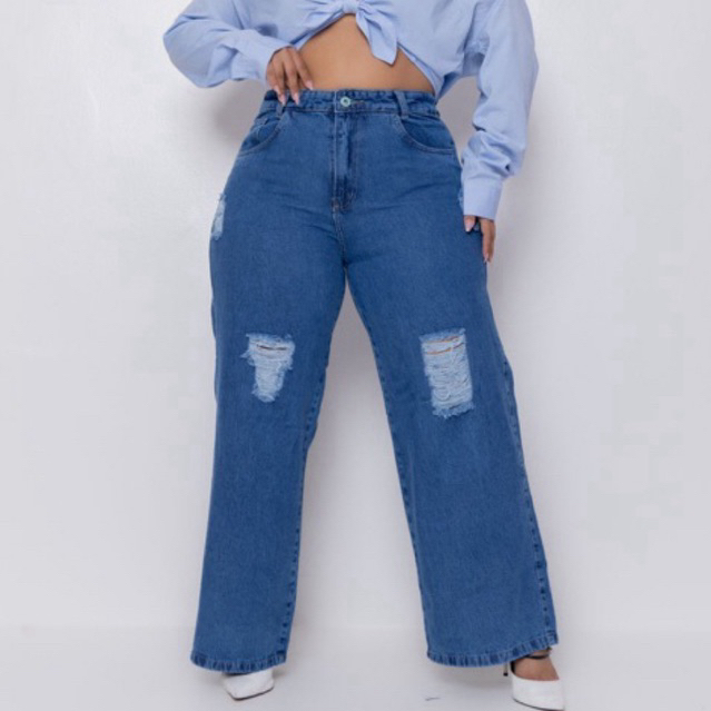 Calça Jeans Pantalona Wide Leg Plus Size em Oferta na Shopee