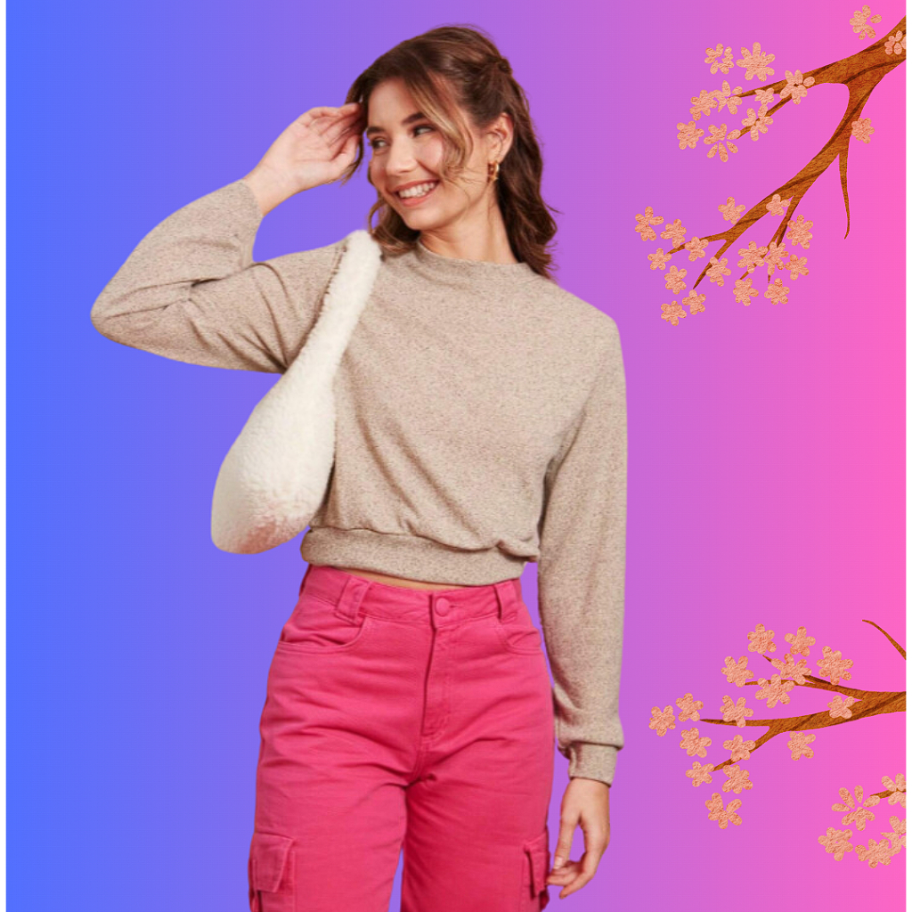 Moletom cinza mescla bege suéter casaco cropped fofinho importado inverno frio quente quentinho aesthetic winter teddy