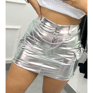 Mini Saia Cargo Metalizada Cirrê Prata Bolso Lateral Balada Noite (Opção com/sem cinto) em Oferta na Shopee