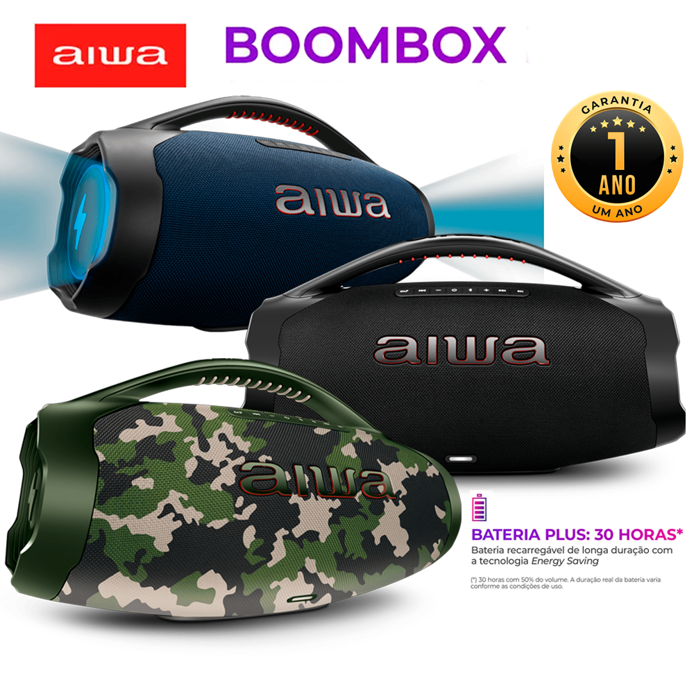 Caixa de Som Boombox Plus AIWA Bluetooth IP66 Preta, Azul e Camuflada