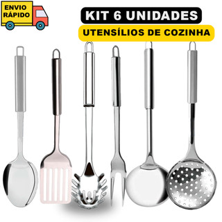 Kit 6 Utensílios de Cozinha em Aço Inox Escumadeira 33cm Concha 32cm Colher de Arroz 29cm