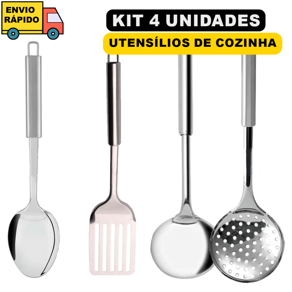 Kit 4 Utensílios De Cozinha Premium Inox Utensílios Para Restaurante Completo Concha Colher Espátul