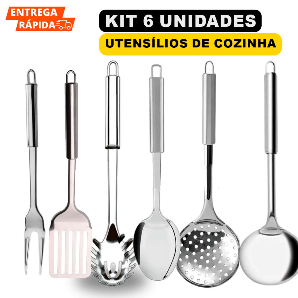 Kit 6 Utensilios Para Cozinha Inox Brilhante Com Alça Para Pendurar Kit De Utensilios De Restaurante