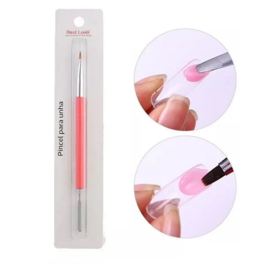 Pincel 2 em 1 Polygel Real Love - Espátula e Pincel de Cerdas para Aplicação de Unhas