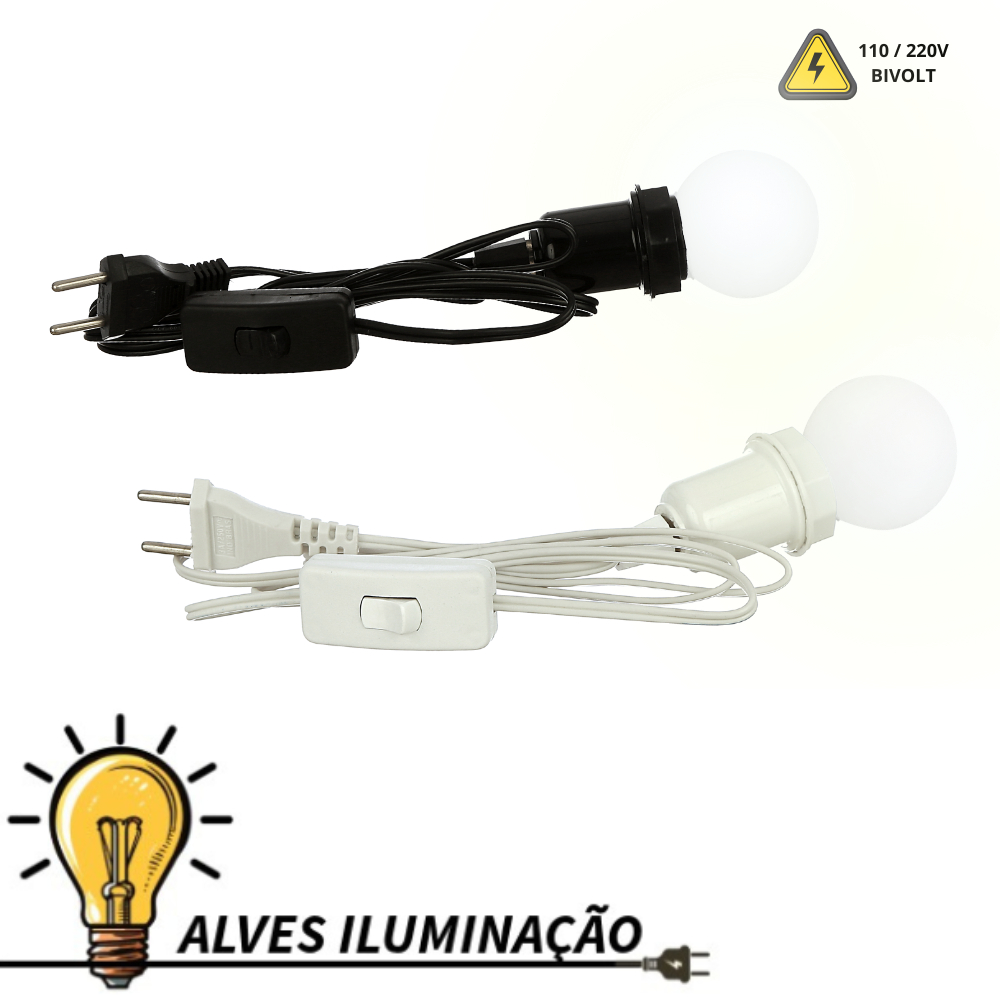 Rabicho Cordão de Abajur Soquete Coluna E27 com Lâmpada Bolinha 4W Branco Frio Bivolt várias medidas