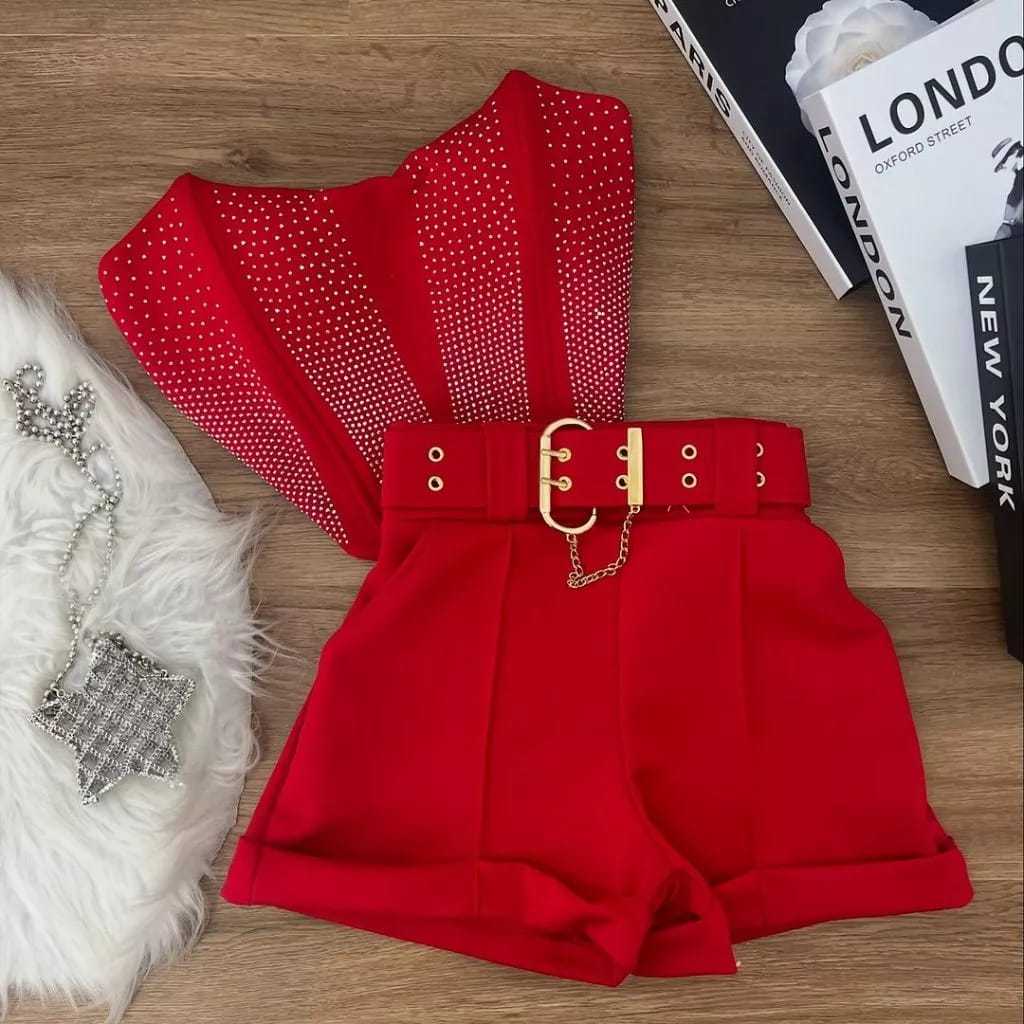Conjunto Cropped corset e Short apricação strass com zipe