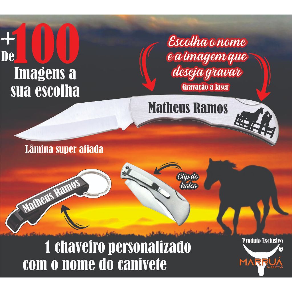 Canivete Barretão de bolso todo em Inox gravado  seu nome e imagem