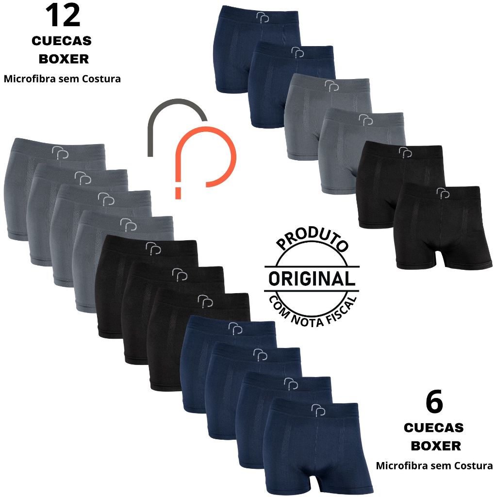 Kit 6 e 12 Cueca Boxer Box RP Microfibra Sem Costura Seamless Elastano Lisa Confortável