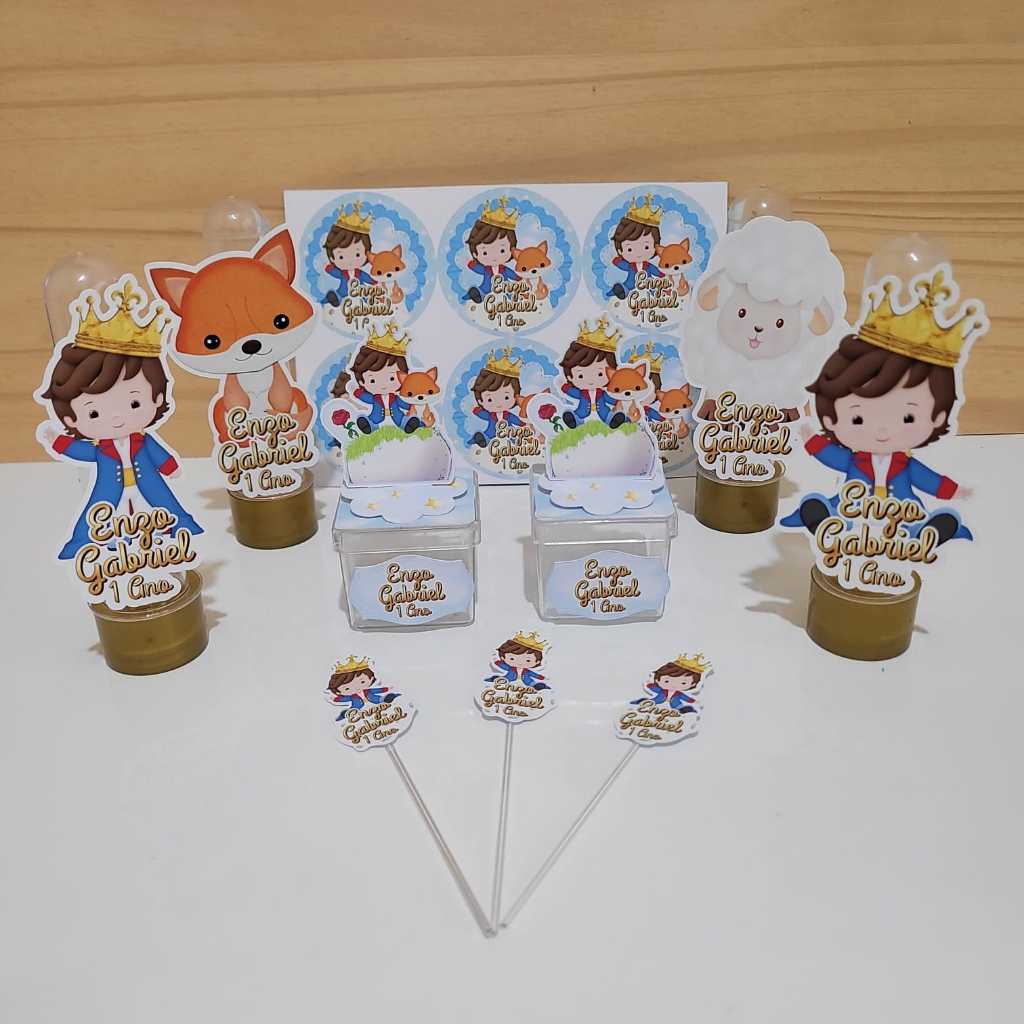 Kit Aplique Tubete + Aplique 3D caixa acrilica 4x4 + Adesivos Latinhas 5x5 + Topper Docinho - Pequeno Príncipe Moreno