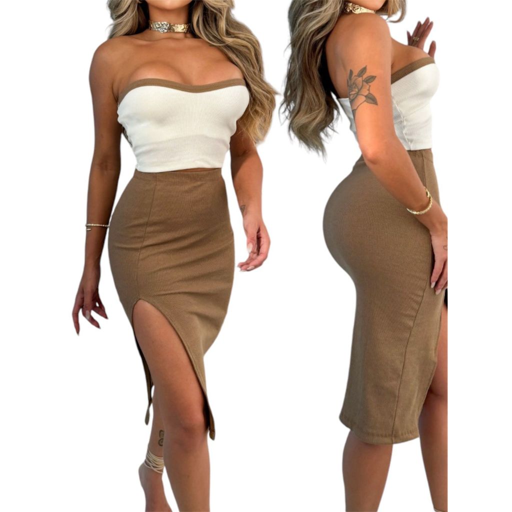 Conjunto Feminino Ribana Canelado Cropped E Saia Midi Fenda Moda Casual Elegante