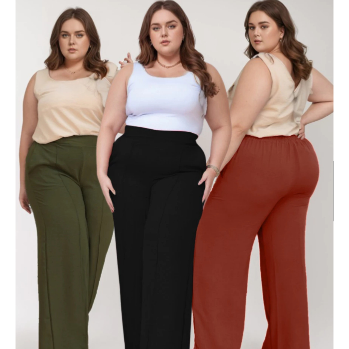 Calça Pantalona Plus Size Feminina Elástico Na Cintura Com Bolso Cintura Alta Tecido Duna
