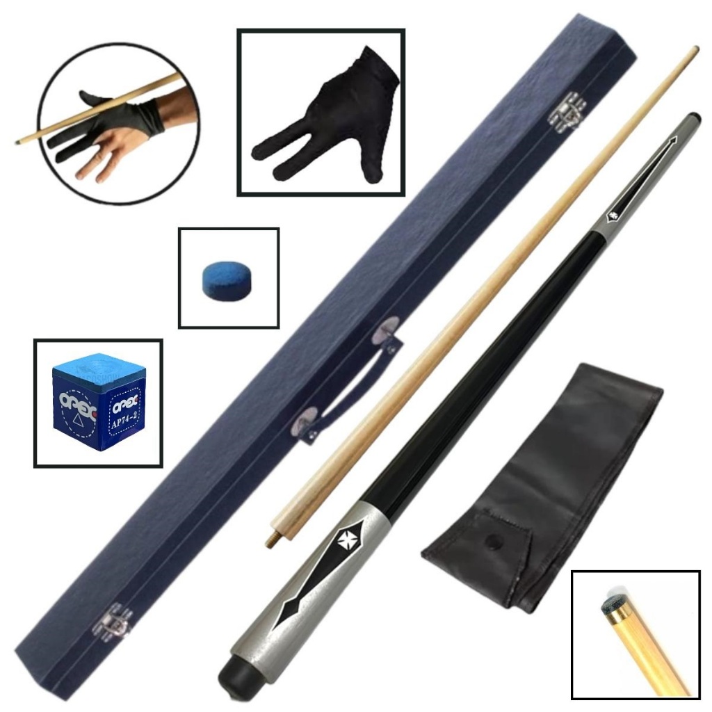 Taco Sinuca Bilhar Snooker Sola Couro Bipartido Profissional KIT Maleta Estojo Luva Giz Original