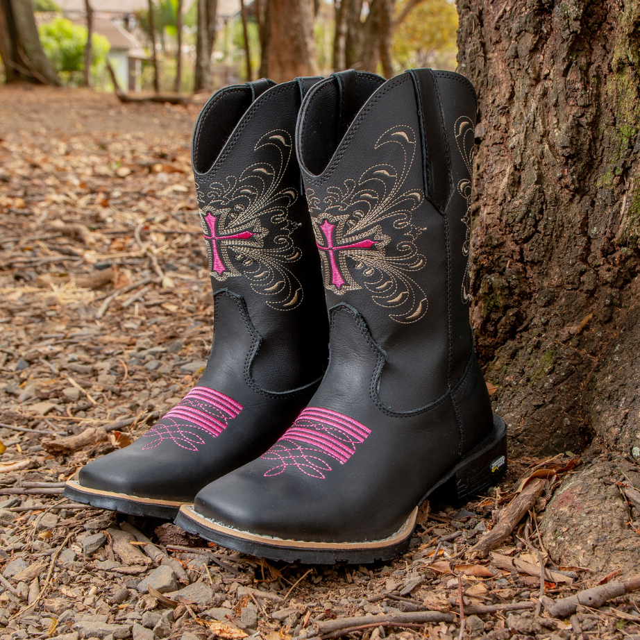Botina Bota Texana Bico Quadrado Bordado Rosa Envio hoje
