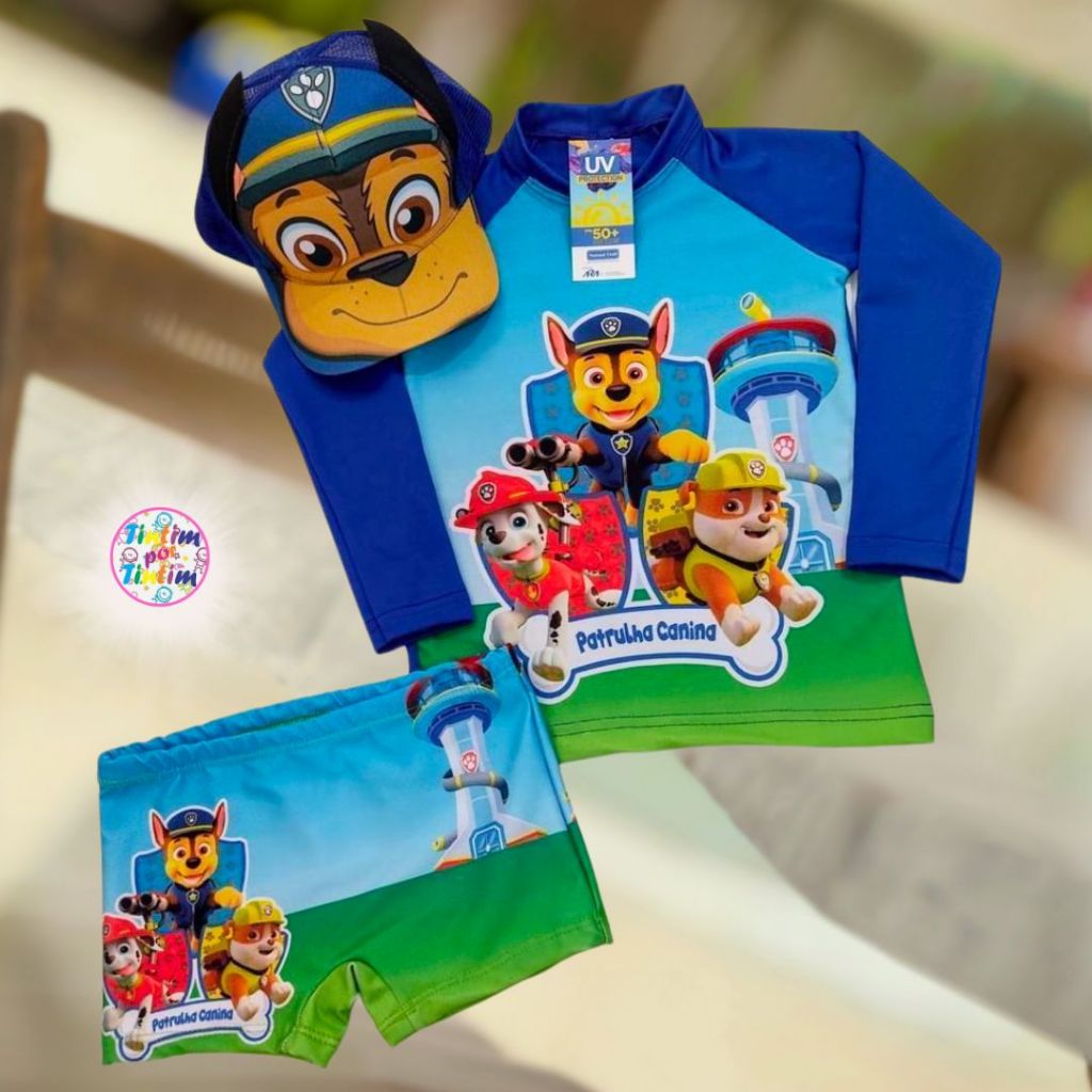 Kit roupa de praia e natação com Proteção com boné ou sem homem aranha PATRULHA CANINA astronauta segunda pele carnaval