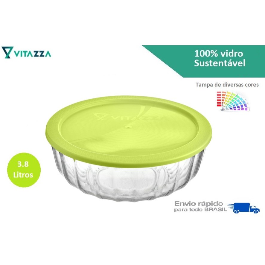 Saladeira Tigela Pote De Vidro Com Tampa Plastica Oceani 3,8l Vitazza