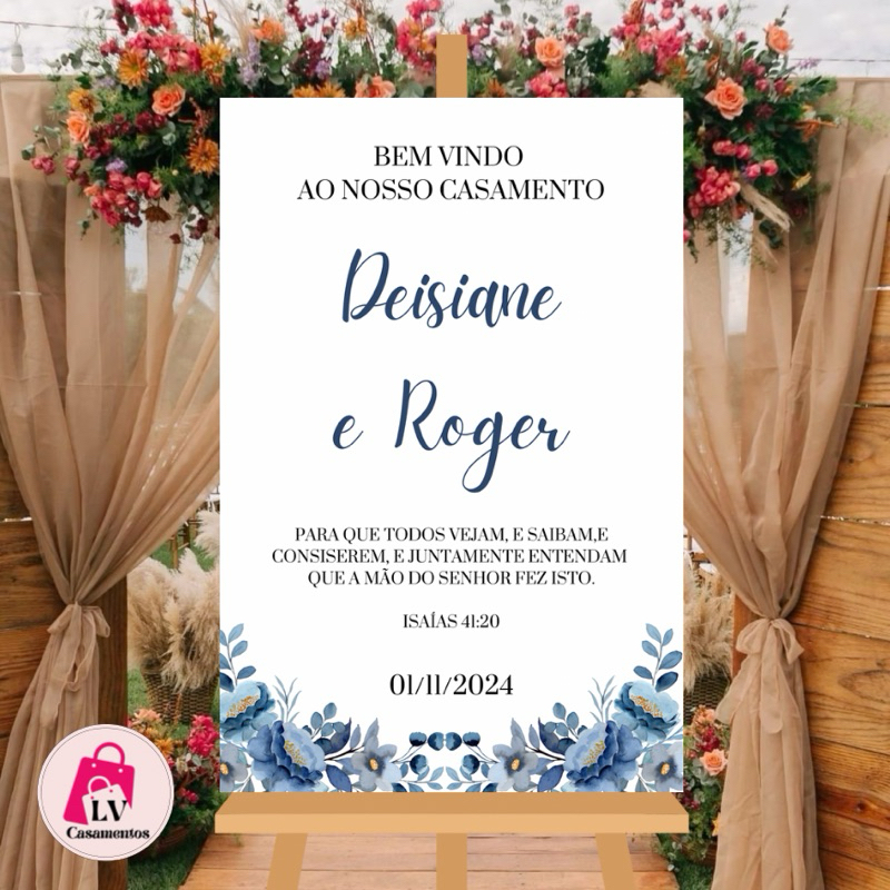 Quadro Placa Decoração Para Casamento Personalizada Flores Azul