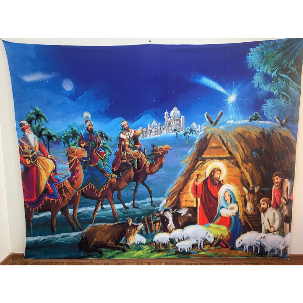 Fundo Fotográfico 2x1,60mts LxA em malha Sublimada NATAL PRESÉPIO 3 MAGOS AZUL