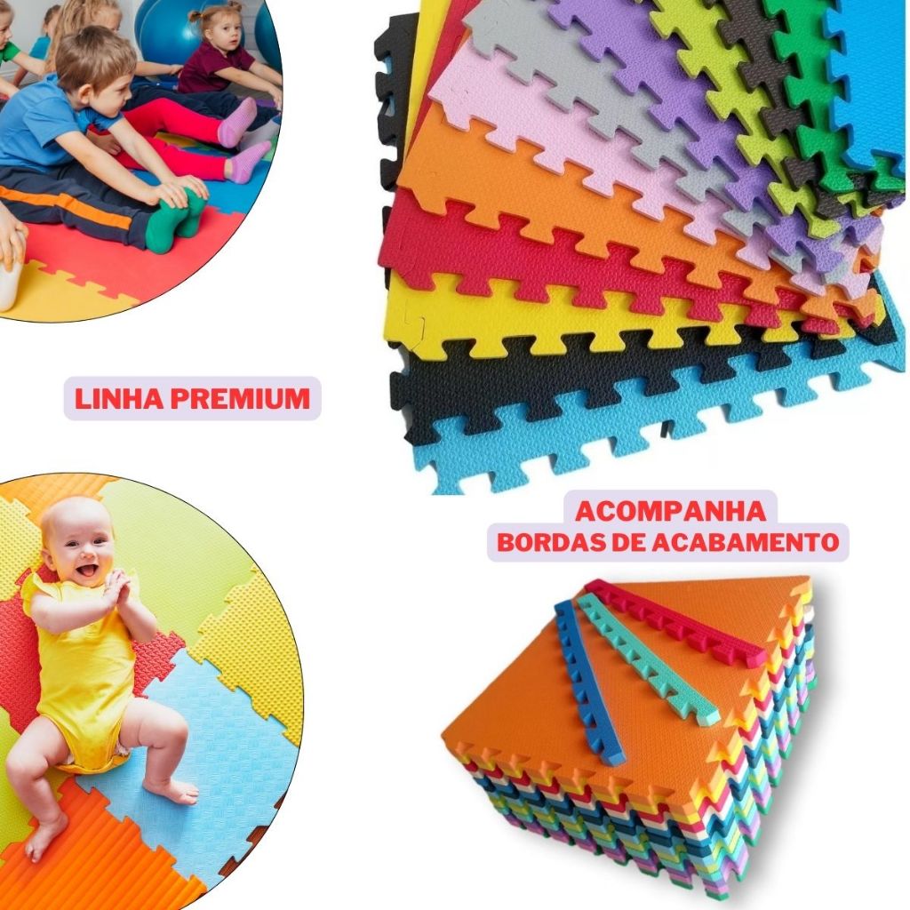 Kit 12 Tapetes Tatames Coloridos Linha Premium Encaixe Perfeito Infantil Eva 50 X 50 X 1cm 10mm em Oferta na Shopee