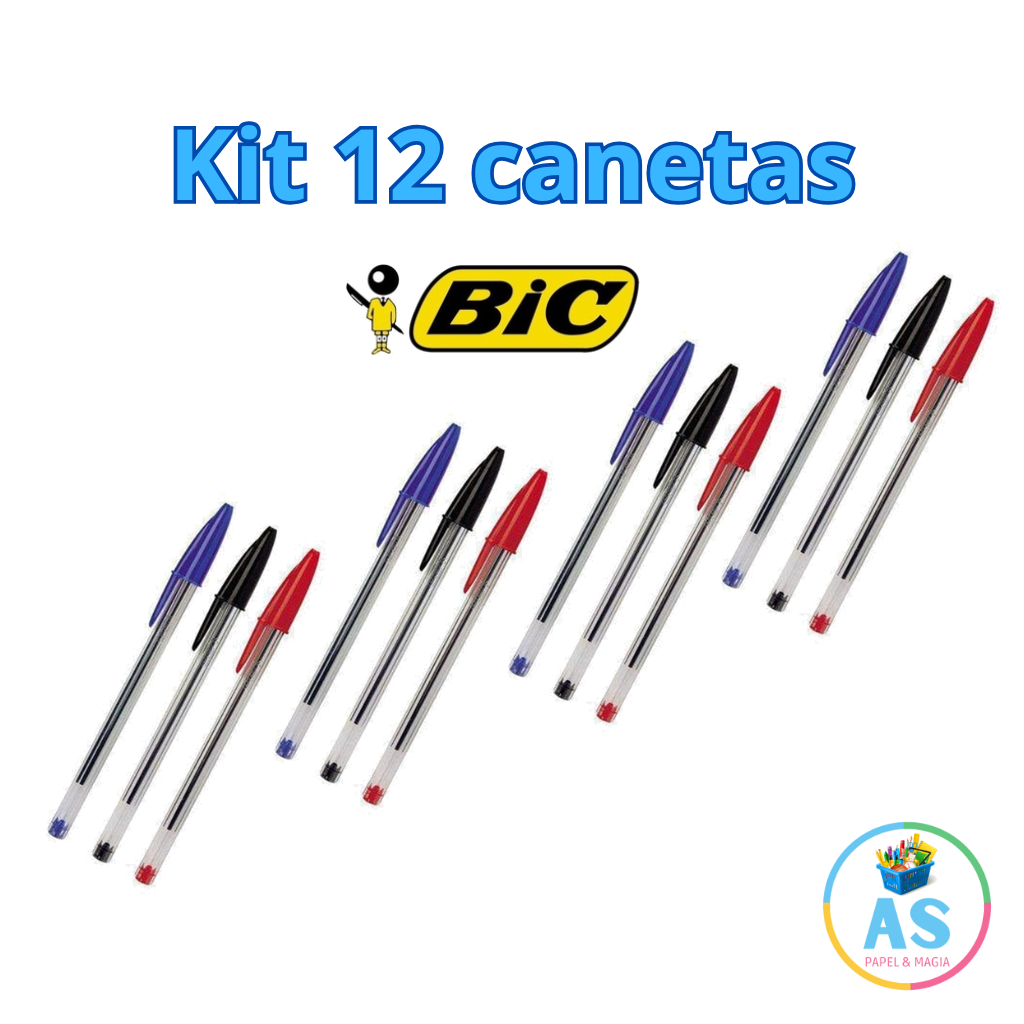 Kit 12 Canetas BIC - azul, preta e vermelha - Esferográfica 1,0mm - Ponta Média em Oferta na Shopee
