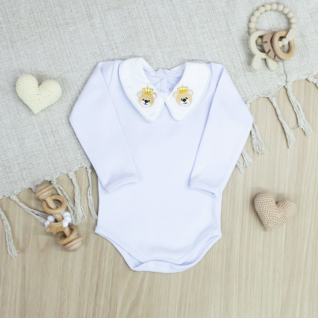 Body Bebe Menino com Gola Bordada Urso com Coroa Body Bebê Menino 100% Algodão para Batizado em Oferta na Shopee