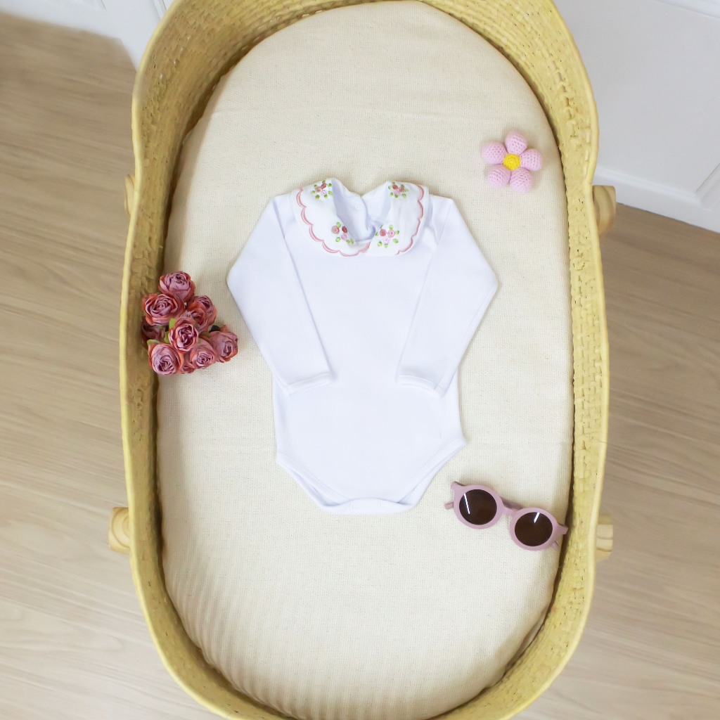 Body Bebê Menina com Gola Bordada Flores Malha Premium 100% Algodão Body Bebe Menina Delicado Luxo