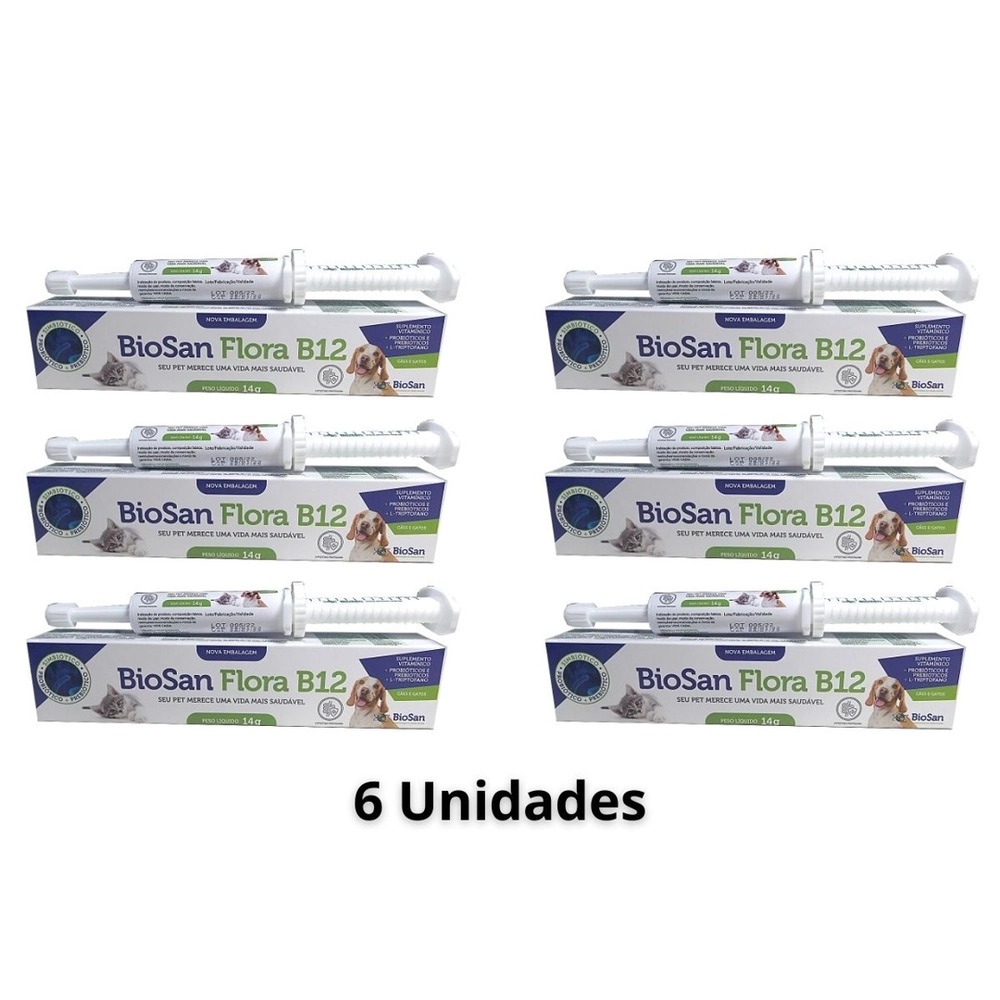 Biosan Flora B12 Kit com 6 Unidades de 14g Probiótico Prebiótico Vitamina B12 para Cachorro e Gato