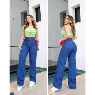 Calça Jeans Feminina Wide Leg Cintura Alta Tecido Grosso Pantalona Linha Premium