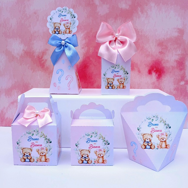 KIT FESTA PERSONALIZADOS CHÁ REVELAÇÃO BRUNO E BIANCA LEMBRANCINHAS CAIXINHAS PARA FESTA