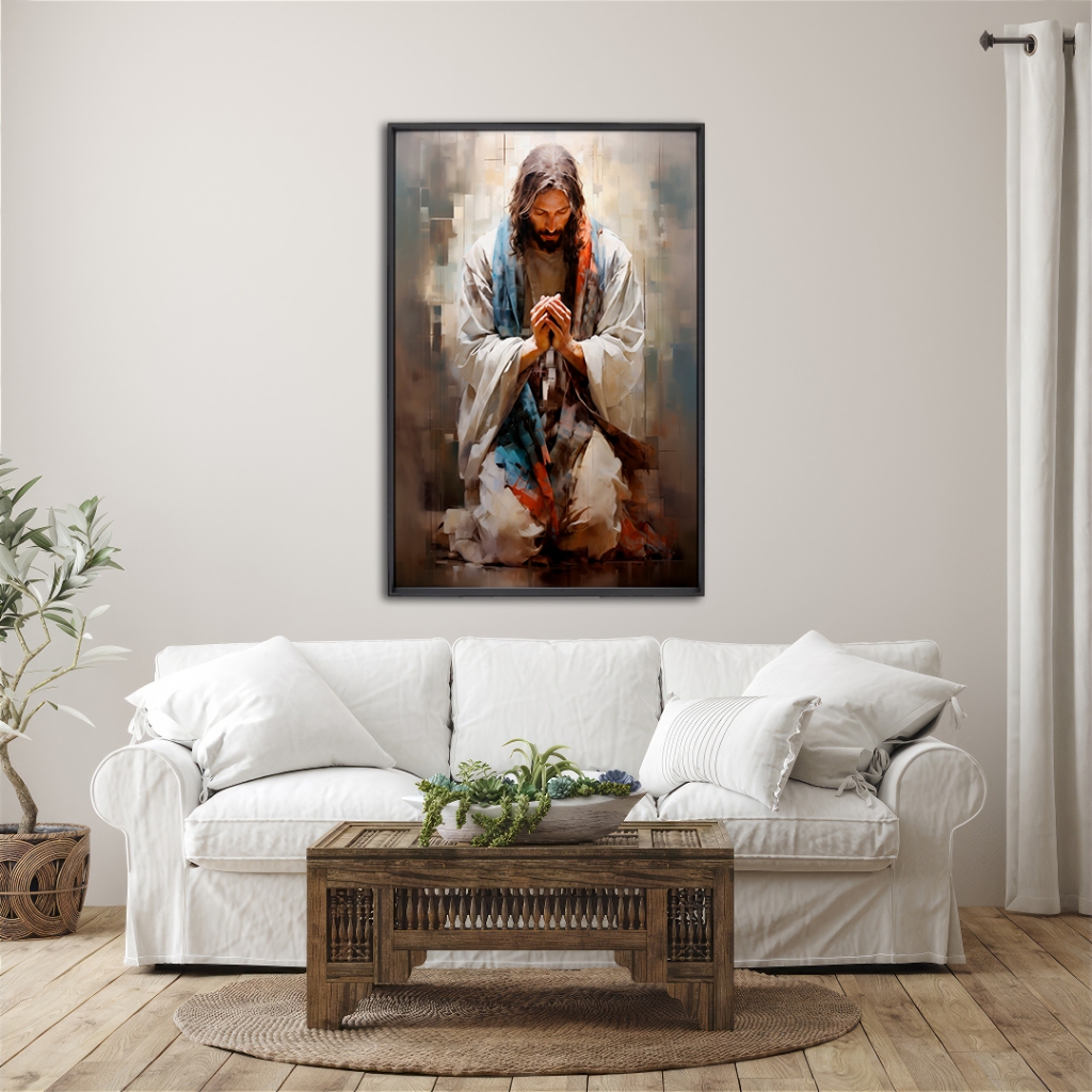 Quadro Decorativo Jesus Orando   Moldura Preta 50x75 Com Vidro - Home & Living